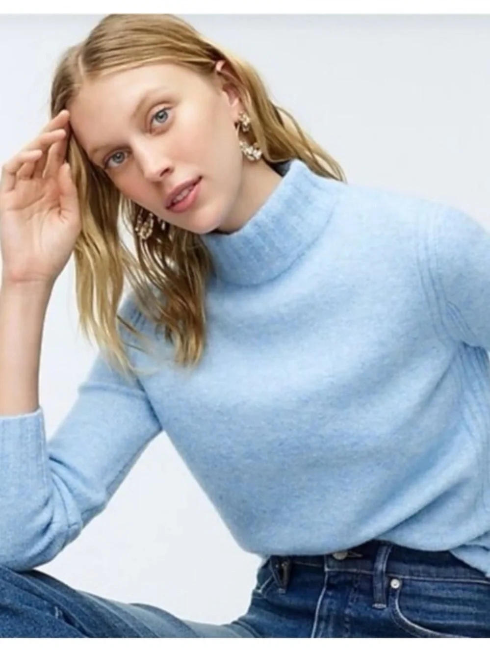 J. Crew Point Sur Mock Neck Chunky Knit Pullover Sweater Minimalist Blue Medium